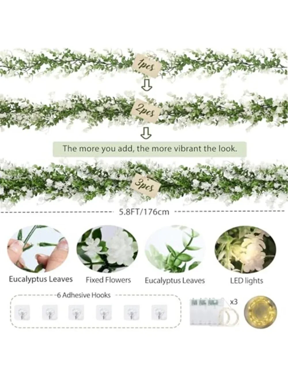 Artificial Eucalyptus Garland w/ Lights 3 pack Greenery Vines Wedding Home Decor